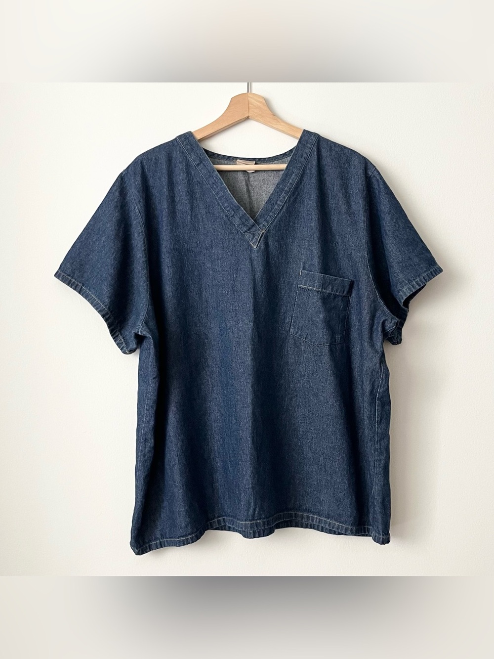 Vintage Women's Denim Blue Short Sleeve Blouse XL V-Neck Retro Lagenlook Scrubs